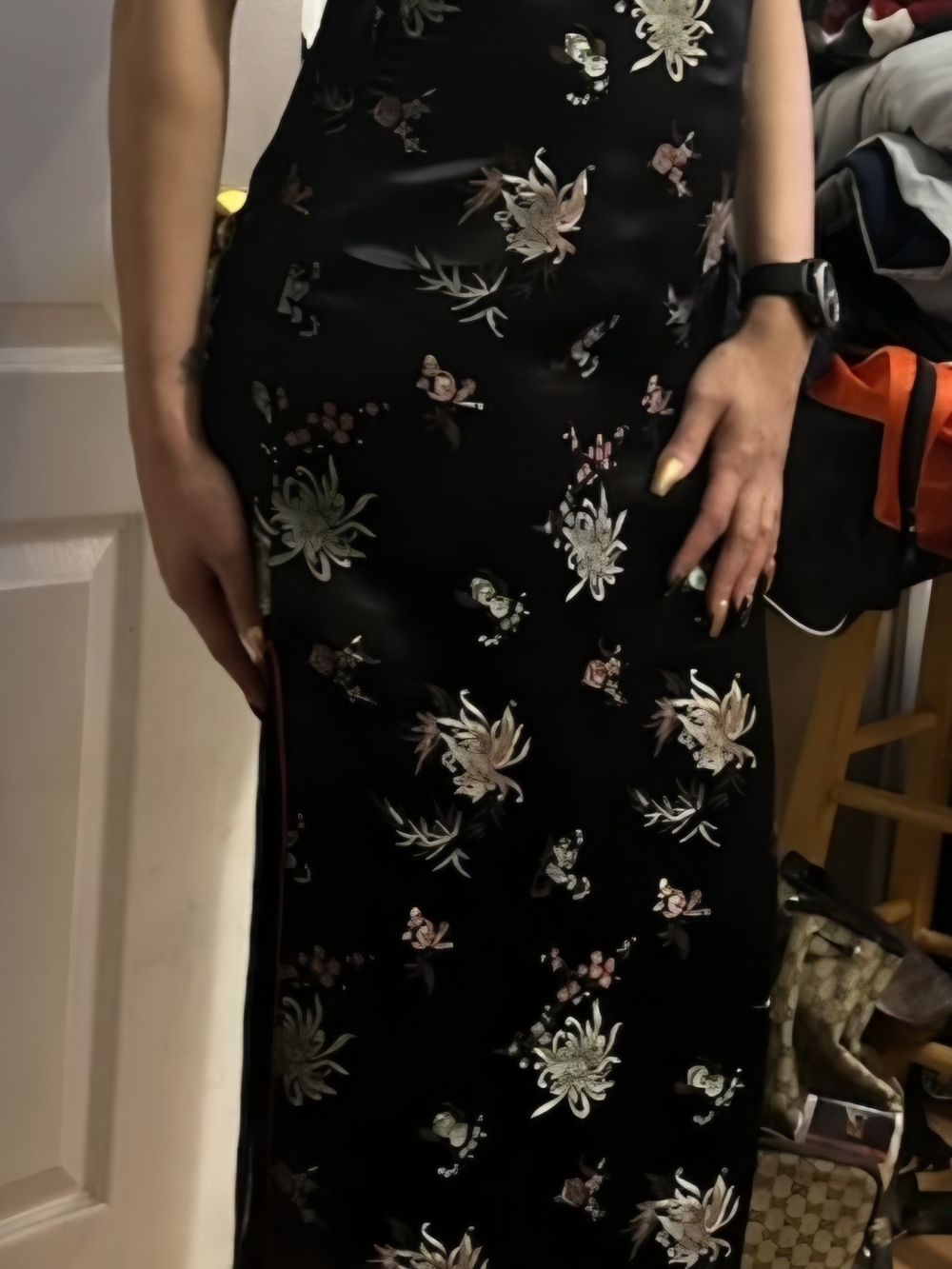 Black Satin Floral Embroidered Midi Skirt